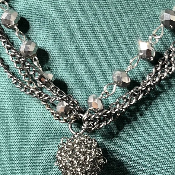 Multi Strand Grey Beaded Ball Tassel Necklace Titanium Silver Women 37in - Picture 1 of 4